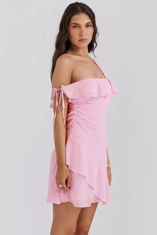 Elegant One Shoulder Sleeveless Lace Up Mini Dress