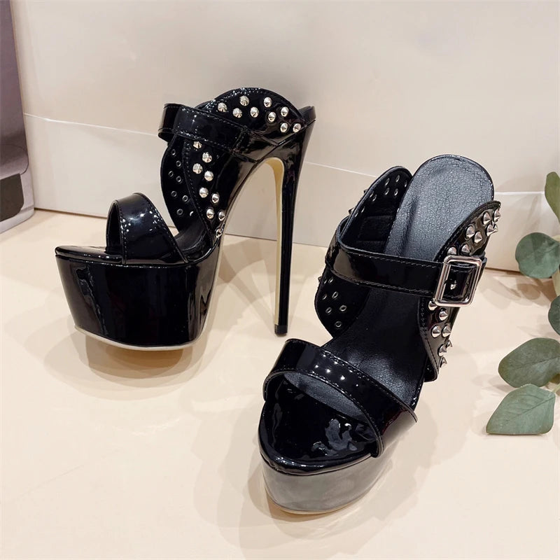 Rivet Platform Peep Toe Women Slippers With Thin Heels - Fashionable Female Sandals For Summer