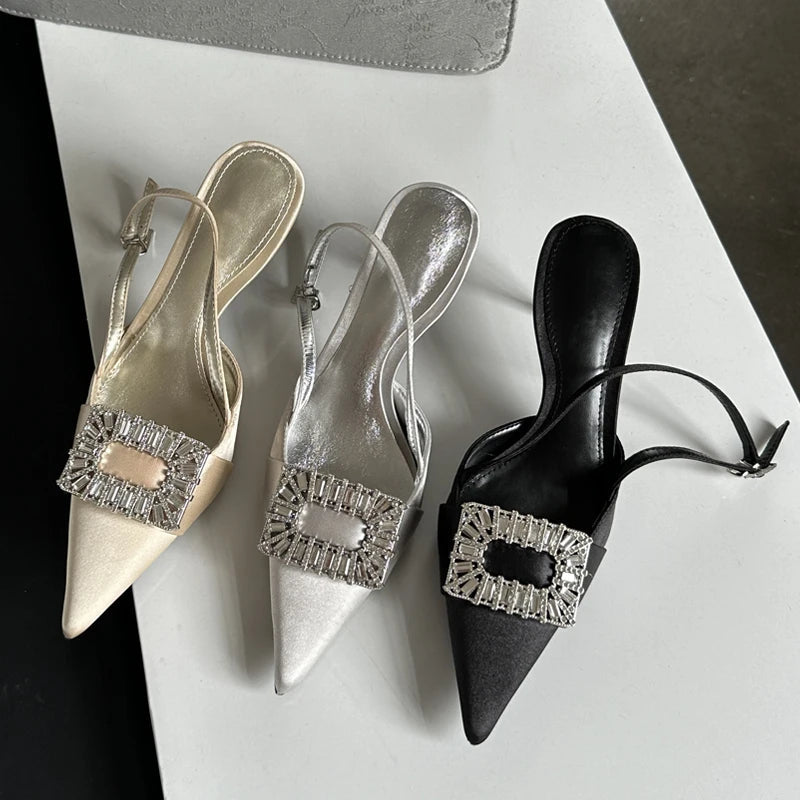 Silk Square Button Thin Heels Women Pumps