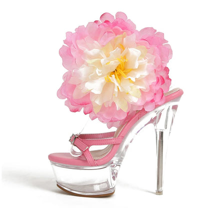 Big Flowers Women Transparent Platform Sandals Stilettos High Heels