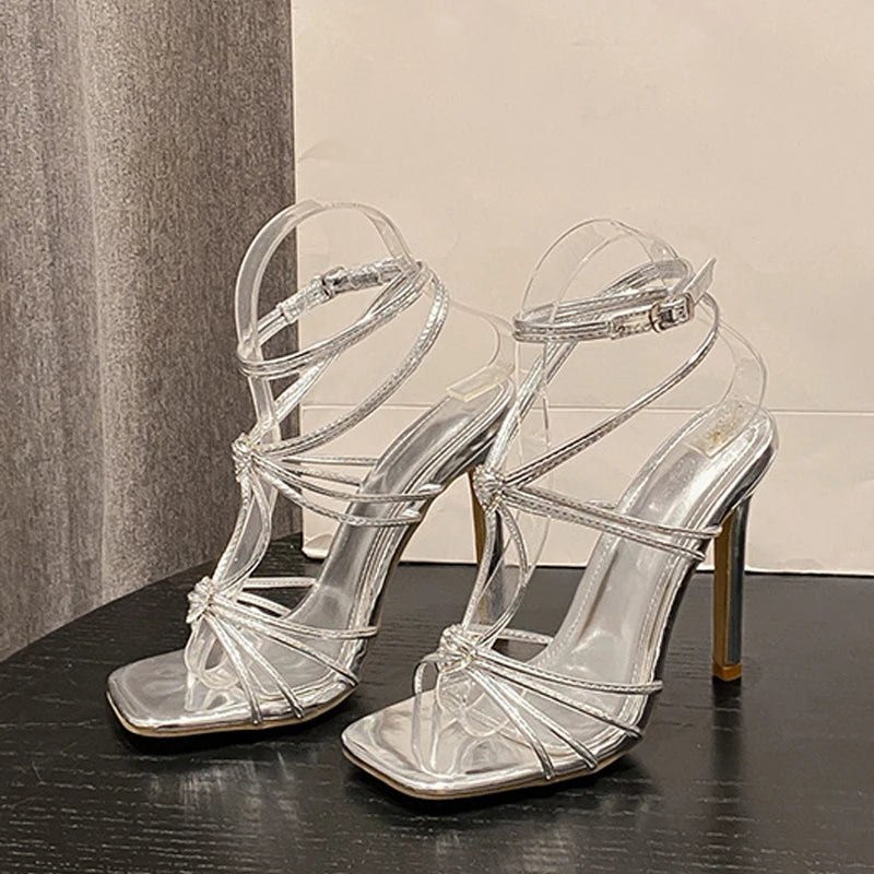 Rhinestone Buckle Narrow Band Sandals For Women