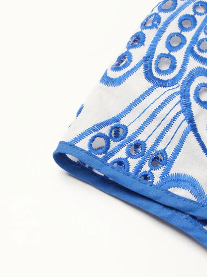 Azure Embroidered Off Shoulder Ruffled Dress