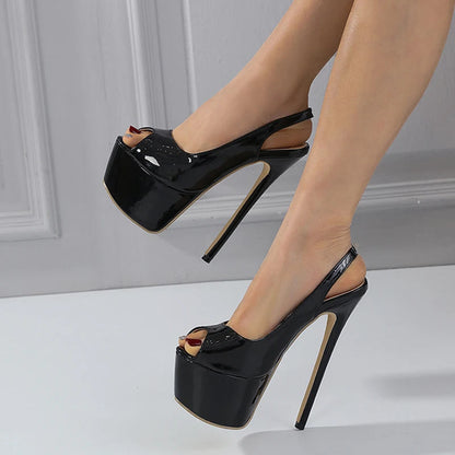 Black Leather Peep Toe High Heels Sexy Women Shoes - 16Cm