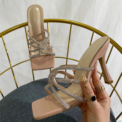 Crystal Narrow Band Square Open Toe Slides