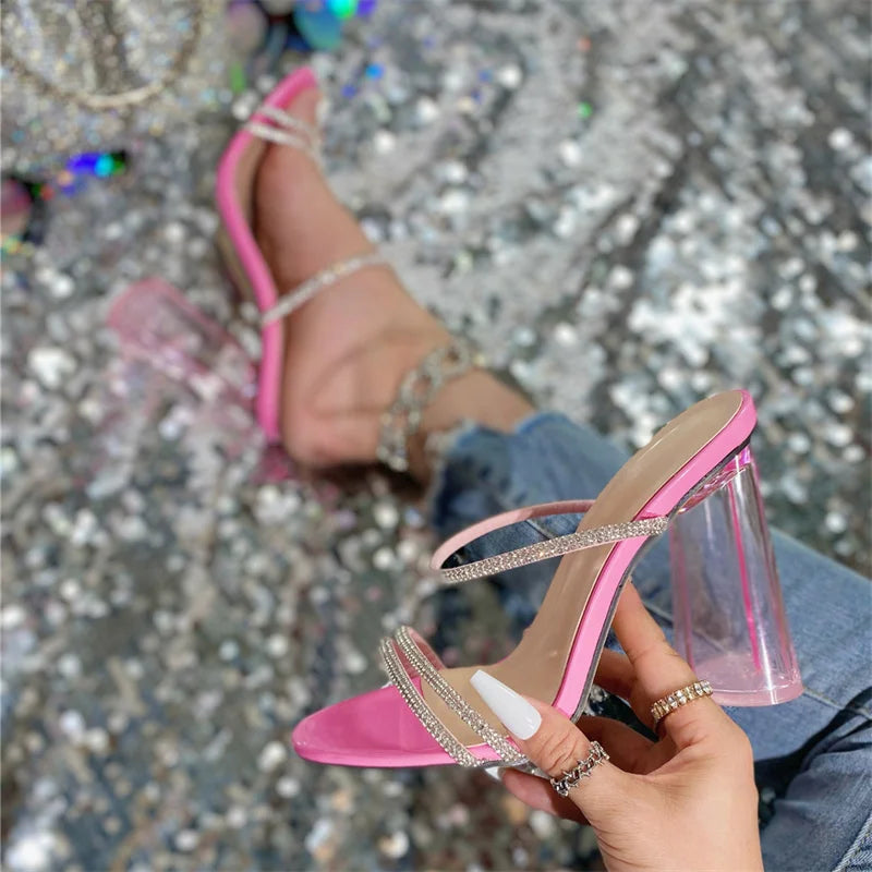 Crystal Narrow Band Square Heel Slippers