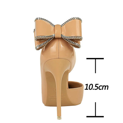 Patent Leather High Heels With Rear Rhinestone Bowknot For Women