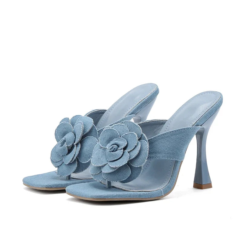Denim Flowers Square Clip Toe Slippers With Thin High Heels For Summer Street Style Woman
