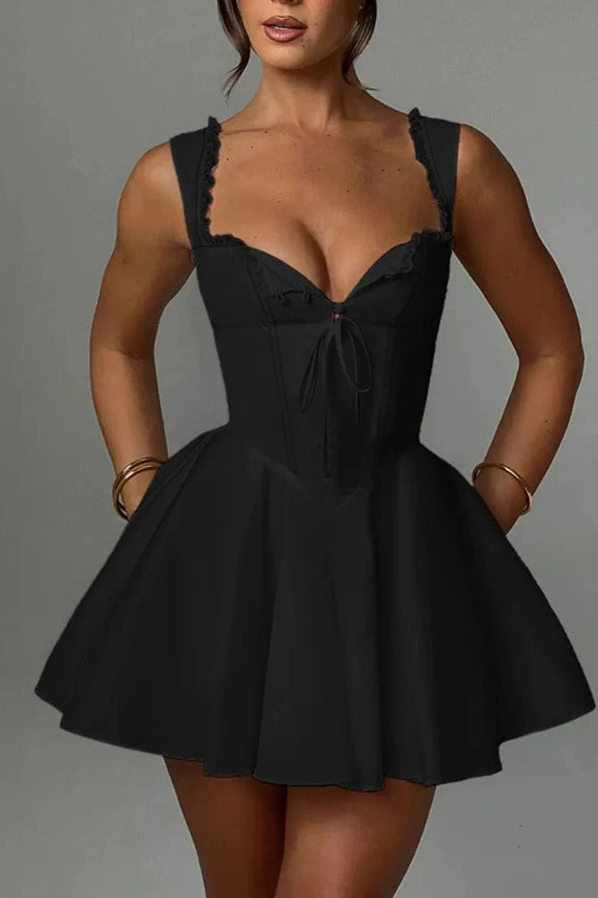V Neck Lace Up Mini Lace Prom Dress