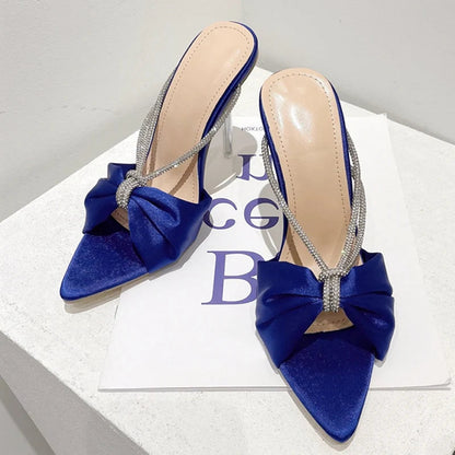 Green Silk Crystal Mule High Heels Slippers Sandals