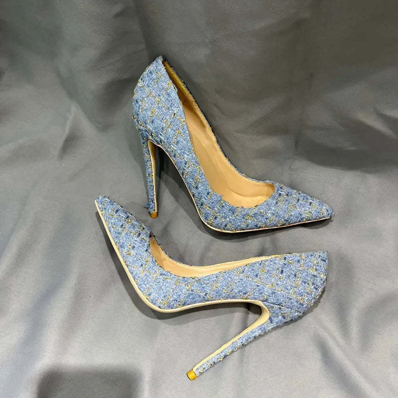 Blue Plaid Pointy Toe High Heel Shoes For Women