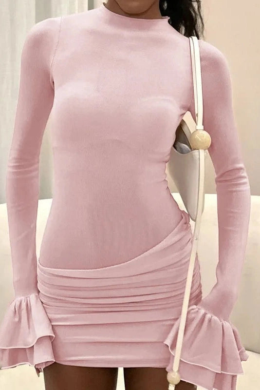 Elegant Pleated O Neck Long Sleeve Mini Dress