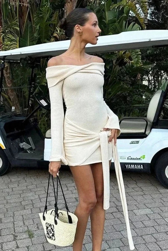 Off Shoulder Mini Dress With Backless Long Sleeves