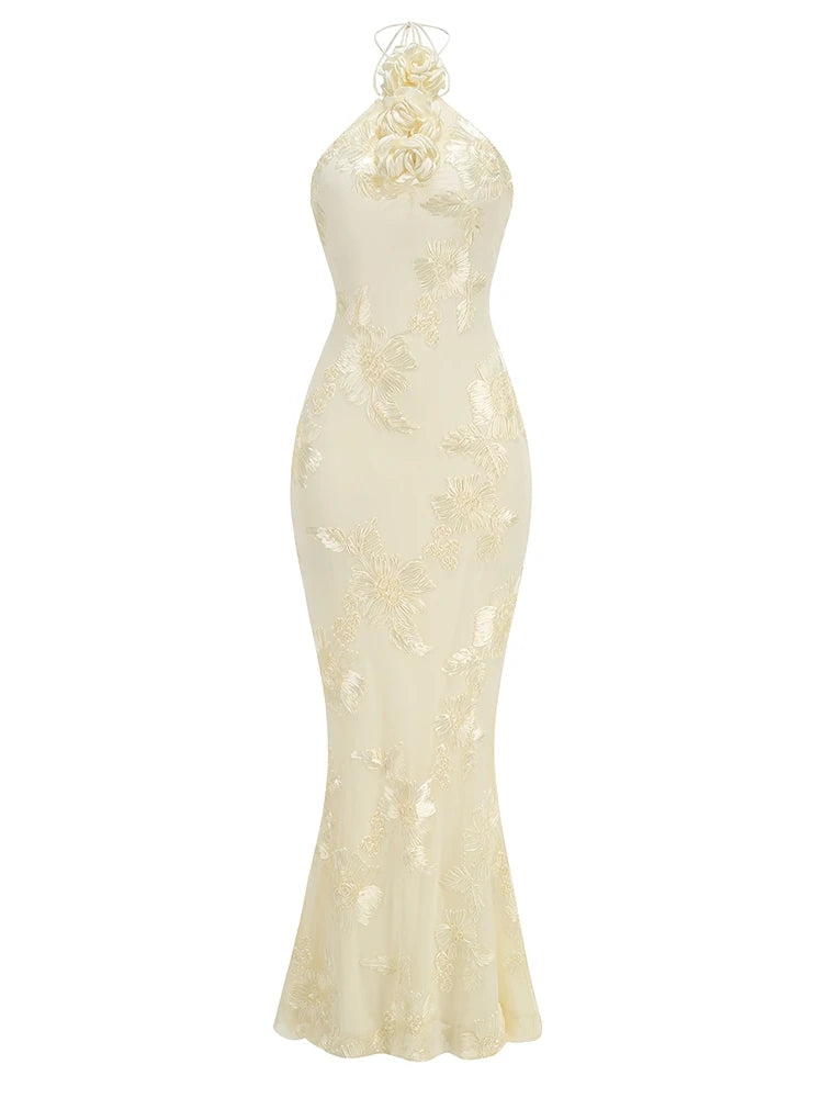 Ysabella Floral Applique Mesh Halter Gown