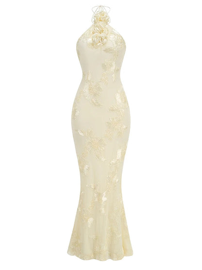 Ysabella Floral Applique Mesh Halter Gown