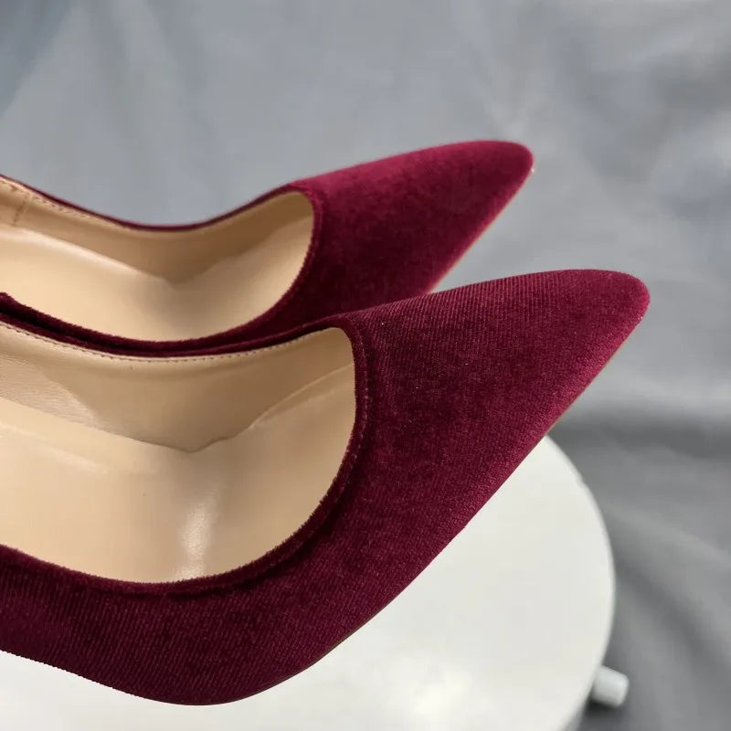 Wine Red Flock Pointy Toe High Heel Shoes For Women