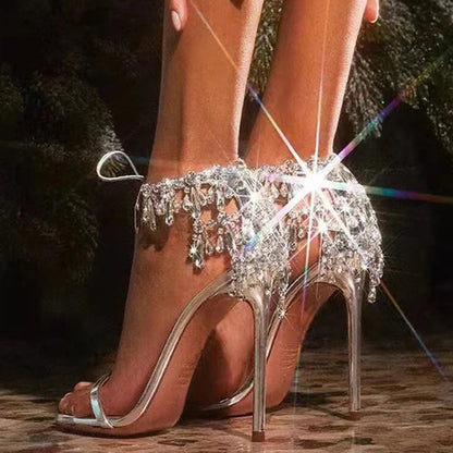 Silver Rhinestone Peep Toe Stiletto Sandals For Women