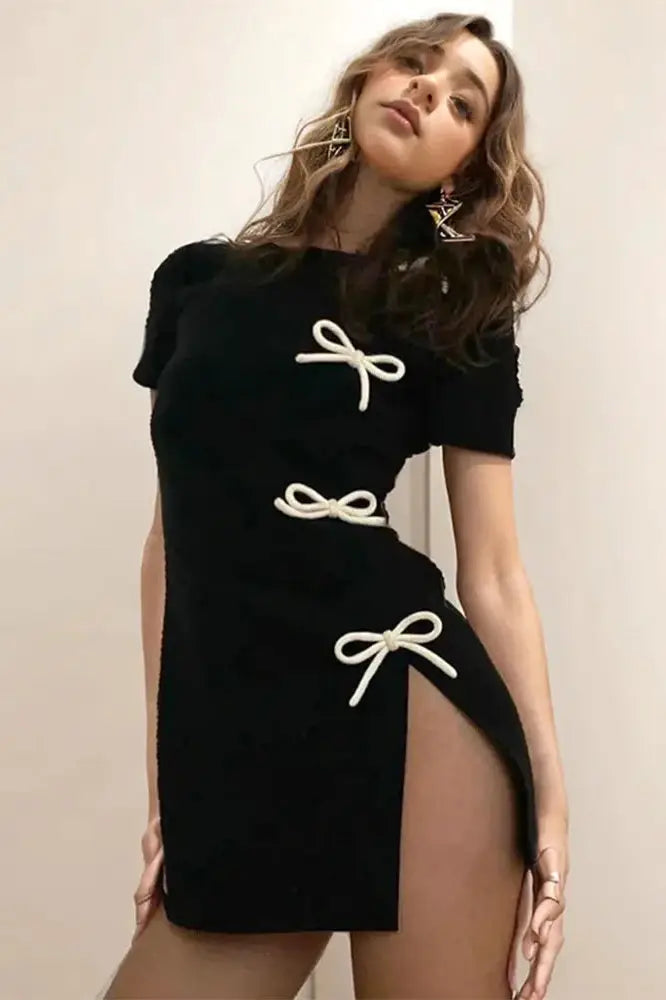 Bow Mini Dress With Side Slit