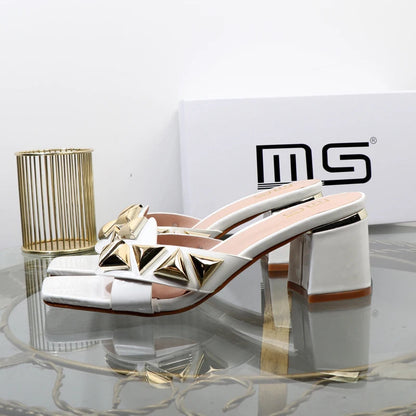 Metal Decorative Willow Nails Open Toe Sandals With 7Cm Thick Heels