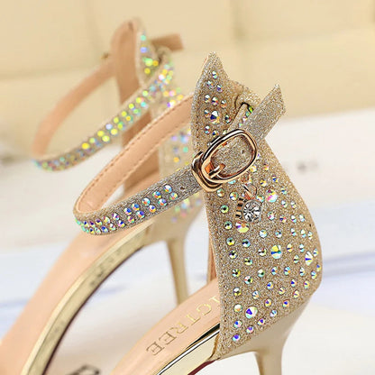 Rhinestone High Heels Kitten Party Shoes Open Toe Women Pumps