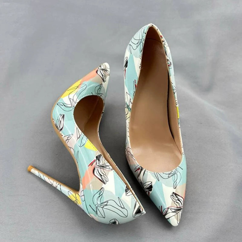 Light Green Print Women Pointy Toe High Heel Shoes