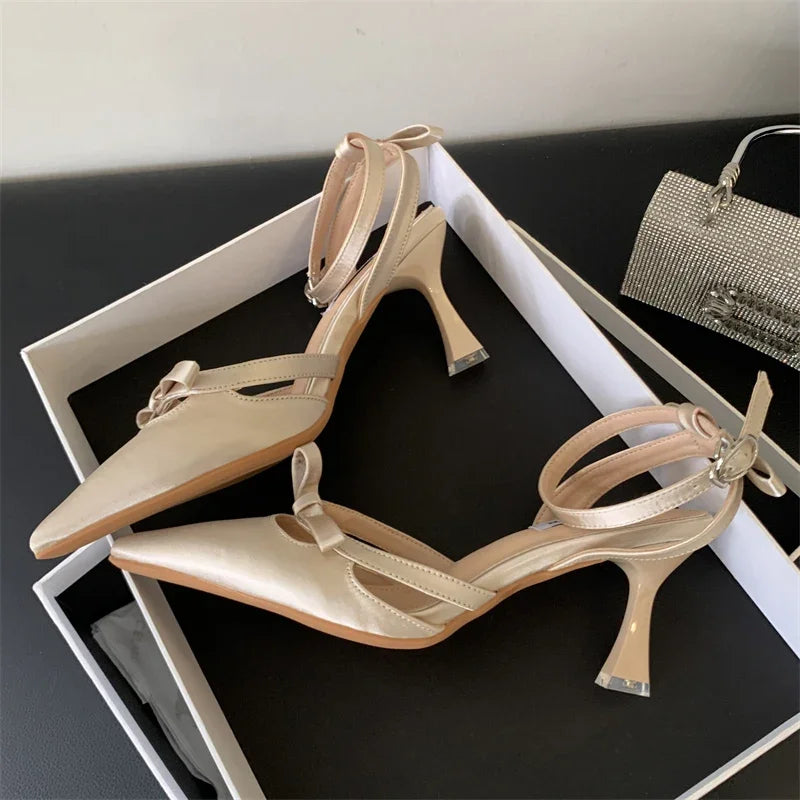 Satin Ankle Buckle Strap Women Pumps With Pointed Toe And Thin Low Heels