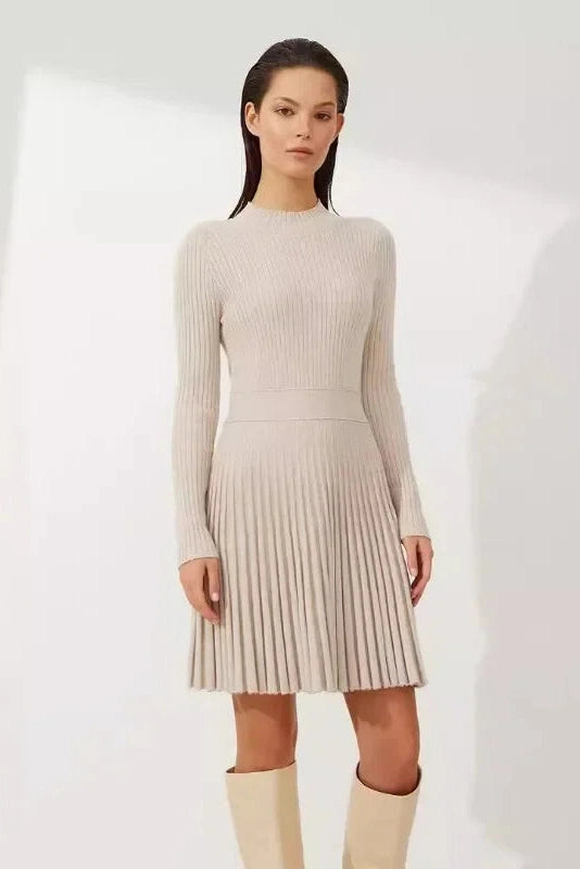 Pleated Slim Long Sleeve A-Line Mini Dress