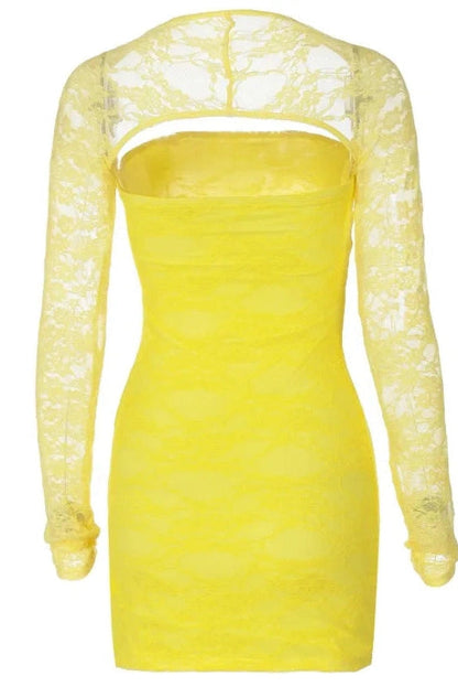 High Waist Lace See-Through Long Sleeve Patchwork Mini Dress