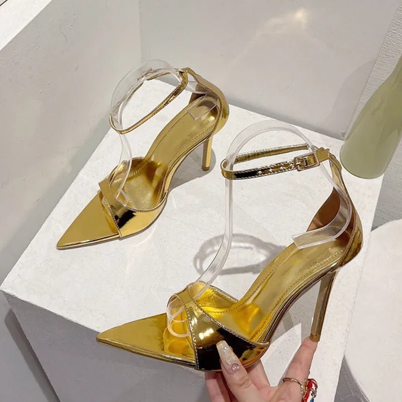 Golden Patent Leather Stiletto Sandals For Women