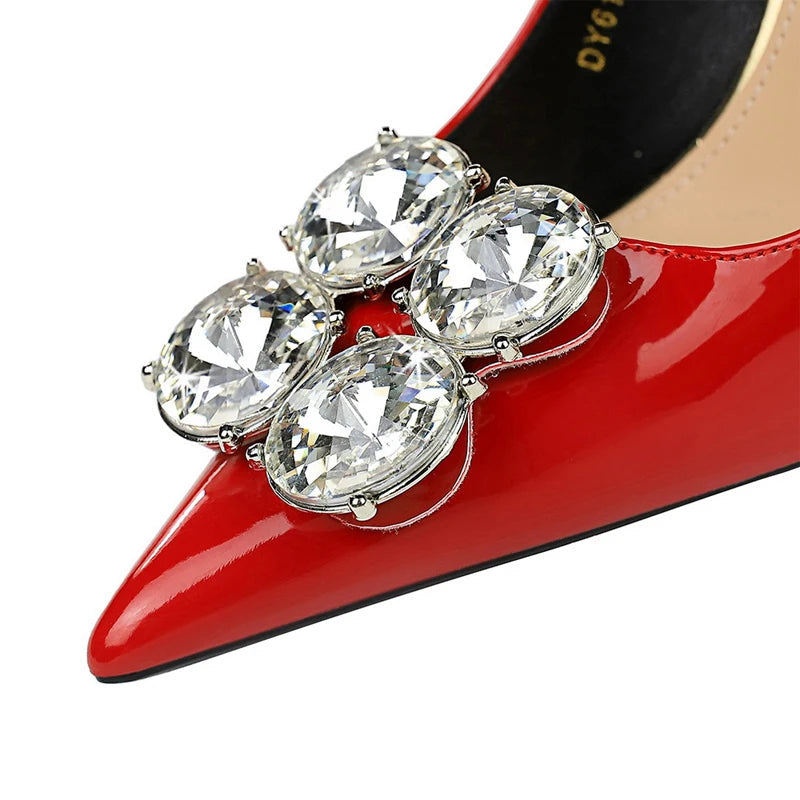 Luxury High Heels With Big Rhinestone Design In Patent Leather For Women