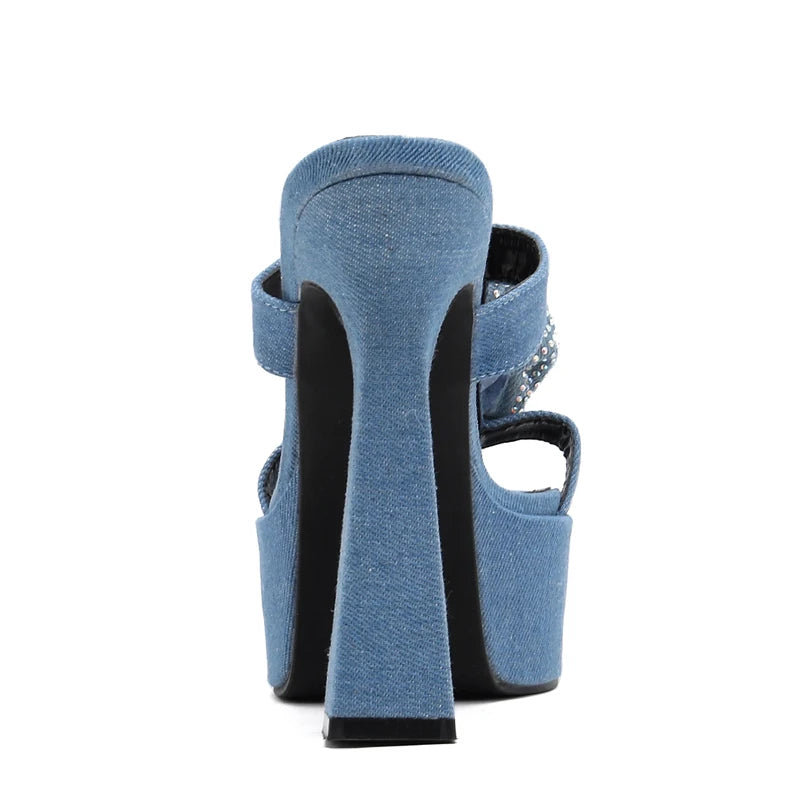 Denim Crystal Flower Women Slippers With Summer Design And Peep Toe Square Heels