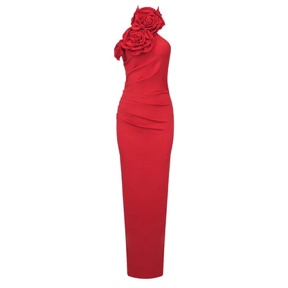Bonnie Halter Gown Dress With Ruched 3D Flowers