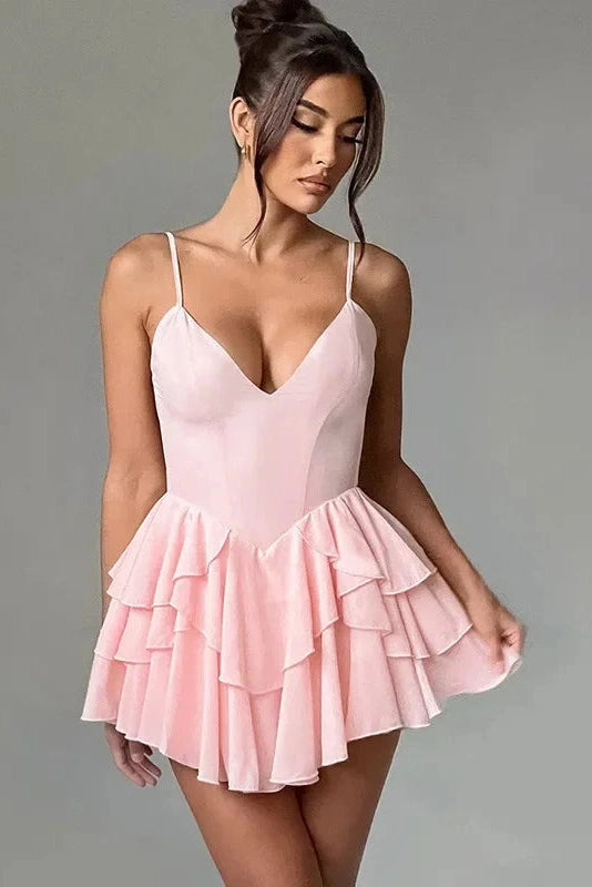 V Neck Spaghetti Strap Backless Mini Dress