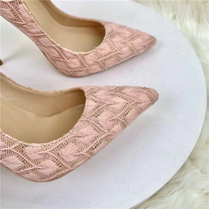 Pink Lace Fabric Pointy Toe High Heel Wedding Bridemaids Shoes