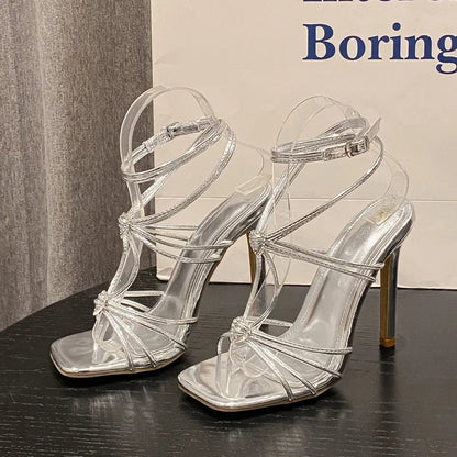 Narrow Band Buckle Strap Sandals With Square Toe And Thin High Heels For Women