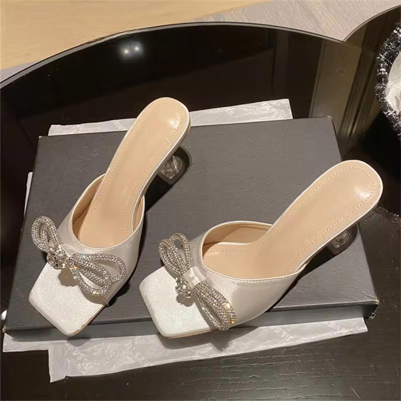 Crystal Butterfly-Knot Slippers Women Fashion Square Toe Transparent Low Heels Apricot / 36