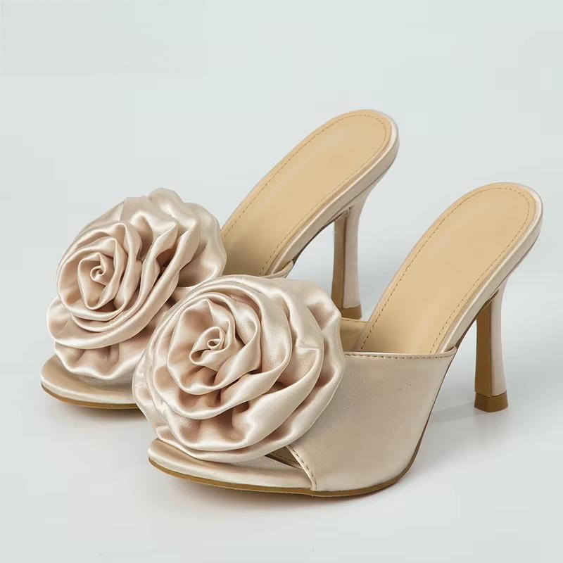 Silk Flower Peep Toe High Heel Slipper Mule Slides for Women