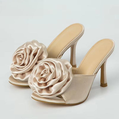 Silk Flower Peep Toe High Heel Slipper Mule Slides for Women