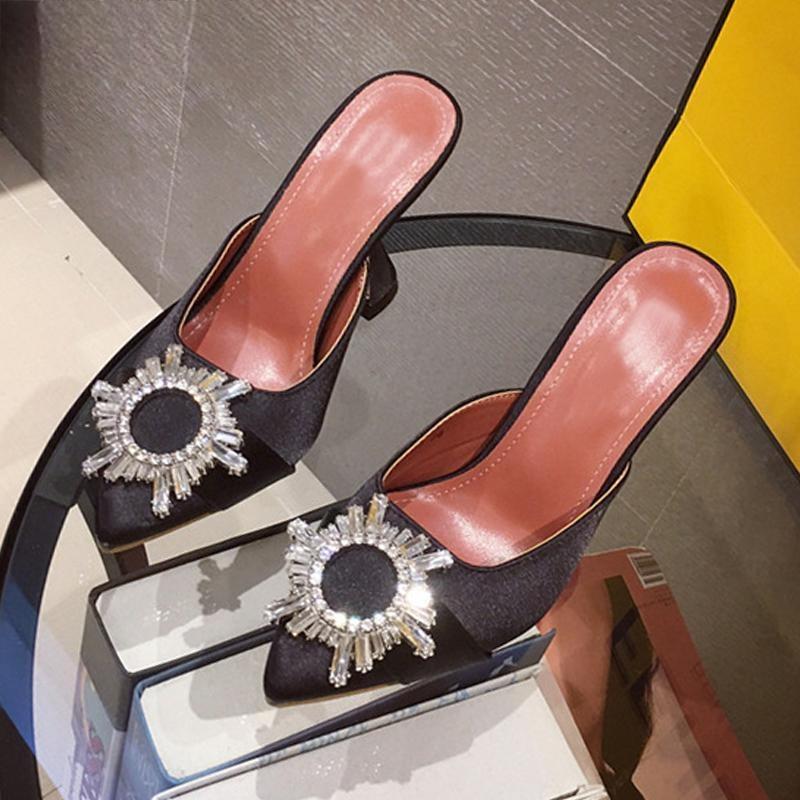 Red Silk Satin Pointed Toe Pumps With Rhinestone Crystal Wedding Slip On Strange Style Heel Black /