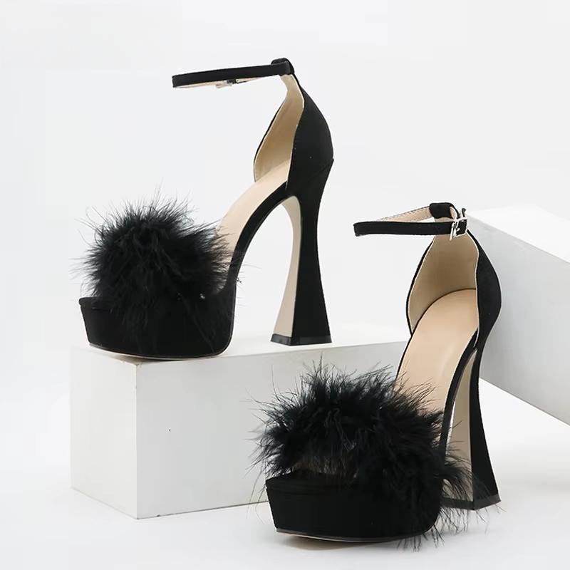 Faux Fur Chunky High Heels Sandals Black / 40
