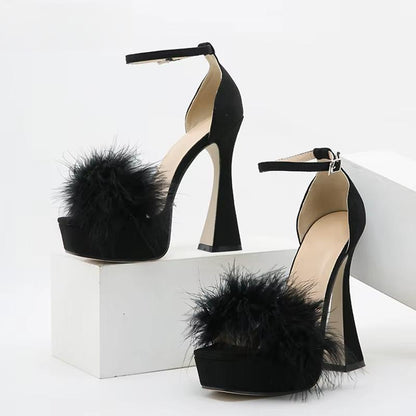 Faux Fur Chunky High Heels Sandals Black / 40