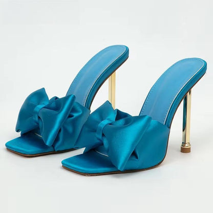 Silk Butterfly-knot High Heels Women Slippers with Square Toe Mule Style
