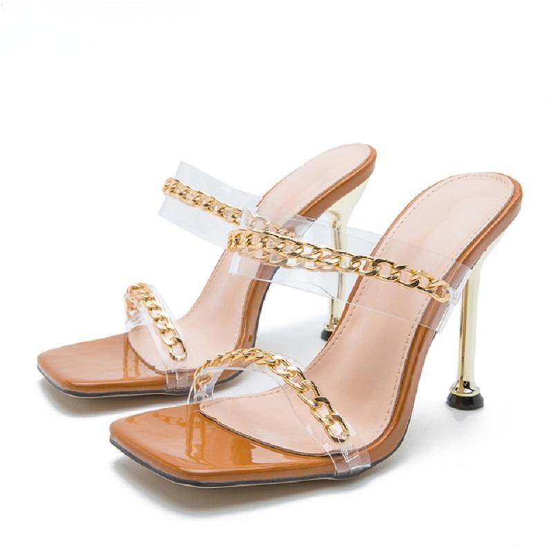 Summer Chain Women Slippers Sandals With Thin High Heels Brown / 41