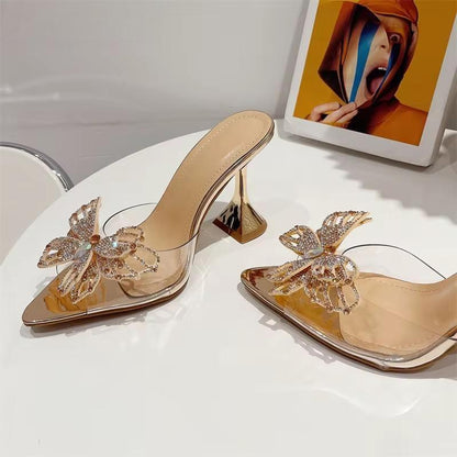 Crystal Bowknot Women Slippers With Sexy Pointed Toe And Strange Heels Champagne / 41