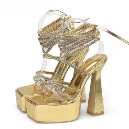 Lace-Up Platform Sandals With Open Toe And High Heels For Women Gold / 35