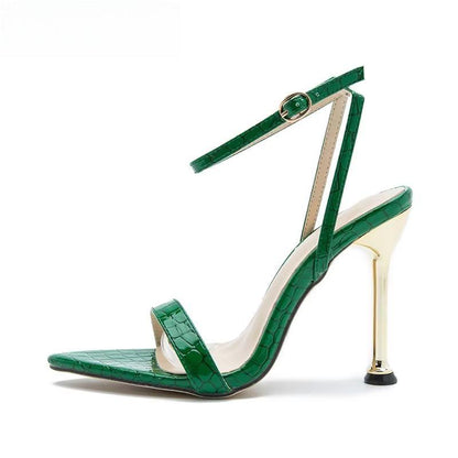 Green High Heels Sandals with Narrow Band Ankle Buckle Strap for Women