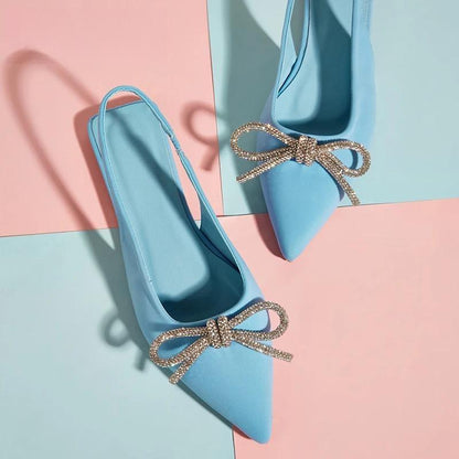 Autumn Crystal Butterfly-Knot Green Women Pumps With Shallow Pointed Toe For Strippers Light Blue /