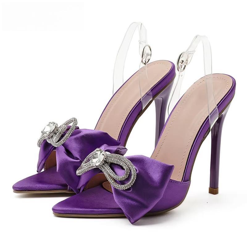 Silk Butterfly-Knot Rhinestone Women Mule High Heels Slippers Sandals Purple / 36