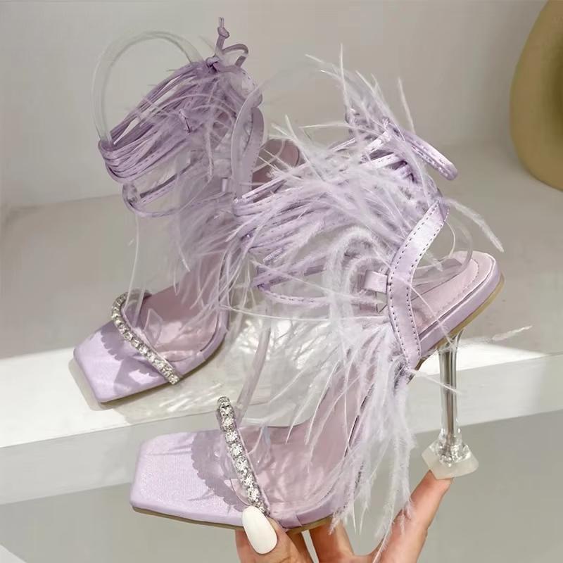 Womens Fuzzy Feather Transparent High Heel Sandals for Summer Fashion