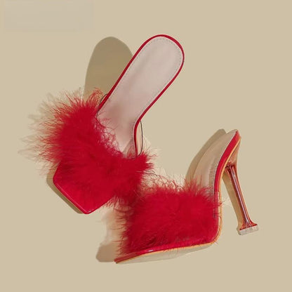 Feather Transparent High Heel Pvc Shoes Slippers For Women With Fur Pumps Red / 38