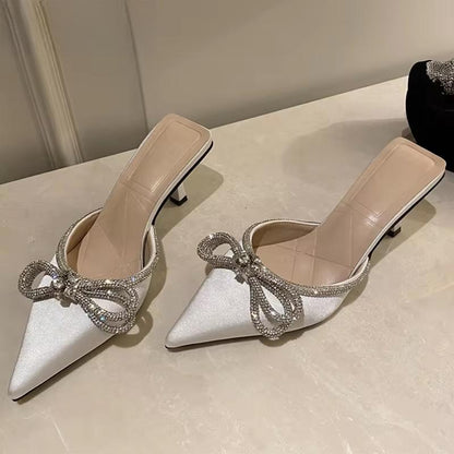 Butterfly-Knot Women Slippers With Thin Low Heels White / 39